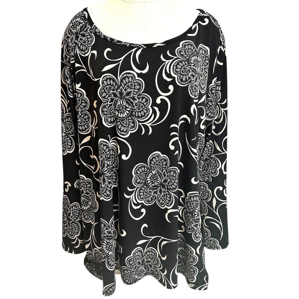 Avenue Blouse Women‎ 22/24 Black White Floral Paisley Bell Sleeve Scoop Neck